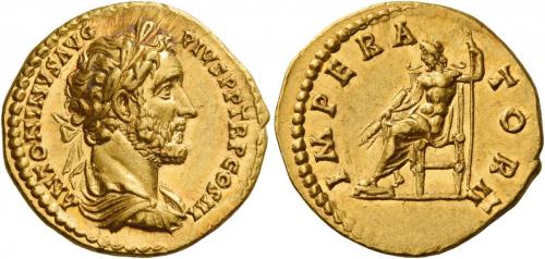 67   -  ANTONINUS PIUS AUGUSTUS. Aureus. AV 6.87 g. ANTONINVS AVG – PIVS P P TR P COS III Laureate, draped and cuirassed bust r. Rev. IMPERA – TOR II Jupiter seated l., holding thunderbolt and sceptre. Extremely rare. Virtually as struck and Fdc.