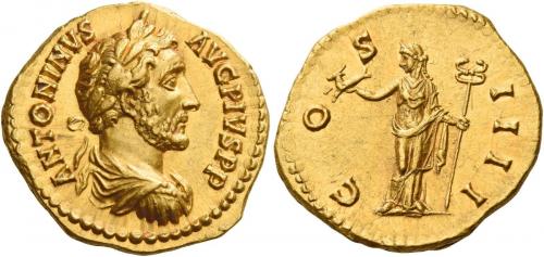 68   -  ANTONINUS PIUS AUGUSTUS. Aureus. AV 7.20 g. ANTONINVS – AVG PIVS P P Laureate, draped and cuirassed bust r. Rev. CO – S – IIII Felicitas standing l., holding capricorn in r. hand and long caduceus in l. Virtually as struck and almost Fdc.