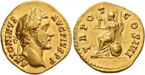 69   -  ANTONINUS PIUS AUGUSTUS. Aureus.  AV 7.49 g. ANTONINVS – AVG PIVS P P Laureate head r. Rev. TR PO – T – COS IIII Roma seated l. on a shield, holding Victory and spear. Minor marks on reverse, otherwise about extremely fine.