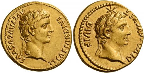 7 - TIBERIUS AUGUSTUS. Aureus. AV 7.82 g. TI CAESAR DIVI – AVG F AVGVSTVS Laureate head of Tiberius r. Rev. DIVOS AVGVST – DIVI F Bare head of Augustus r., above, six-pointed star. Very rare and undoubtedly among the finest specimens known. Two gentle portraits of fine style struck well on a full flan, an almost invisible mark on obverse field, otherwise extremely fine.