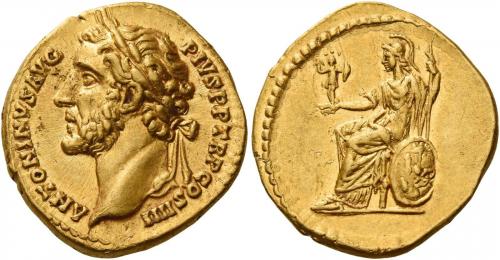 70   -  ANTONINUS PIUS AUGUSTUS. Aureus.  AV 7.26 g. ANTONINVS AVG – PIVS P P TR P COS IIII Laureate head l. Rev. Roma seated left holding palladium and spear; at side, shield. Almost invisible marks on obverse, otherwise about extremely fine / extremely fine.
