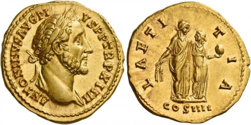 75   -  ANTONINUS PIUS AUGUSTUS. Aureus. AV 7.17 g. ANTONINVS AVG PI – VS P P TR P XIIII Laureate head r., with drapery on l. shoulder. Rev. LAETI – TIA Ceres standing r., holding corn-ears and beside her, Proserpina standing facing, head l. holding pomegranate; in exergue, COS IIII. Rare and in an extraordinary state of preservation. A perfect Fdc.