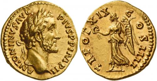 79   -  ANTONINUS PIUS AUGUSTUS. Aureus.  AV 7.34 g. ANTONINVS AVG – PIVS P P IMP II Laureate head r. Rev. TR POT XIX – C – OS IIII Victory advancing l., holding wreath and palm branch. A magnificent portrait struck in high relief, an almost invisible mark on the eyebrow, otherwise virtually as struck and almost Fdc.