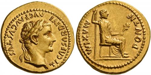 8 - TIBERIUS AUGUSTUS. Aureus. AV 7.79 g. TI CAESAR DIVI – AVG F AVGVSTVS Laureate head r. Rev. PONTIF MAXIM Draped female figure (Livia as Pax) seated r. on chair with plain legs, holding long sceptre and branch. A very attractive and unusual portrait of fine style struck on a very broad flan. Extremely fine.