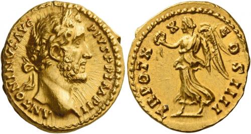 81   -  ANTONINUS PIUS AUGUSTUS. Aureus. AV 7.23 g. ANTONINVS AVG – PIVS P P IMP II Laureate head r. Rev. TR POT X – X – COS IIII Victory advancing l., holding wreath in r. hand and palm branch in l. Several minor marks, otherwise good extremely fine.