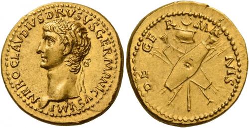 9 - NERO CLAUDIUS DRUSUS. Aureus. AV 7.81 g. NERO CLAVDIVS DRVSVS GERMANICVS IMP Laureate head l. Rev. DE – GE – R – MA – NIS Vexillum between two crossed oblong shields, and two pairs of spears and trumpets crossed. Very rare and in exceptional condition for the issue.A portrait of magnificent style perfectly struck and centred on
a very broad flan. Virtually as struck and almost Fdc.