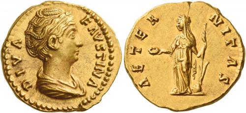 90   -  DIVA FAUSTINA. Aureus. AV 7.31 g. DIVA – FAVSTINA Draped bust r., hair waved and coiled on top of head. Rev. AETER – NITAS Fortuna standing l., holding patera in r. hand and rudder on globe in l. Good extremely fine.