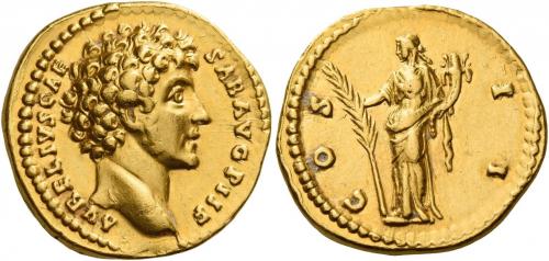 95   -  MARCUS AURELIUS CAESAR. Aureus. AV 7.32 g. AVRELIVS CAE – SAR AVG PII F Bare head r. Rev. COS – II Hilaritas standing l., holding long palm branch in r. hand and cornucopia in l. C 106. Several edge marks, possible traces of mounting, otherwise good very fine