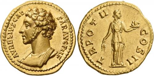 96   -  MARCUS AURELIUS CAESAR. Aureus. AV 7. 33 g. AVRELIVS CAE– SAR AVG P II F Bare-headed, draped and cuirassed bust l. Rev. TR POT II – COS II Fides standing r., holding corn ears in r. hand and basket of fruit in upraised l.  Very rare. A wonderful and unusual portrait of excellent style struck in high relief. Virtually as struck and almost Fdc