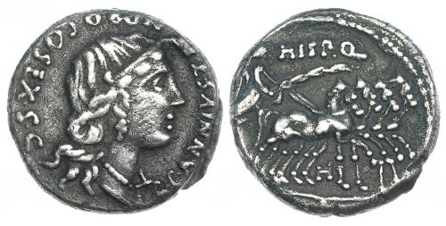 102 - ANNIA. Denario. Hispania (82-81 a.C.). A/ Delante balanza. R/ Encima ley. HISP. Q. CRAW-366.3b. FFC-144. Pátina gris rugosa. MBC.