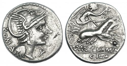 107 - FLAMINIA. Denario. Roma (109-108 a.C.). CRAW-302.1. FFC-708. Pequeño defecto de cospel. Punto de óxido. MBC.
