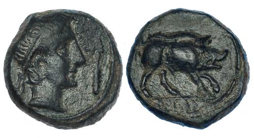 11 - CASTULO. Cuadrante. A/ Cabeza masculina con ínfulas a der., delante clava. R/ Jabalí a der., en exergo ley. ibérica KaSTiLO. CNH-47 (mismo ejemplar ilustrado). I-No. ACIP-2151 (mismo ejemplar ilustrado). Pátina verde. MBC. Muy rara.