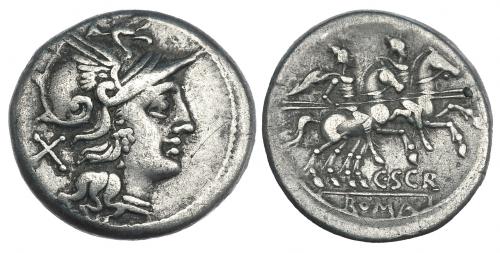 119 - SCRIBONIA. Denario. Roma (154 a.C.). CRAW-201.1. FFC-1100. Rayita en anv. MBC.
