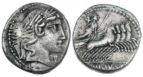 121   -  VIBIA. Denario. Roma (90 a.C.). A/ Delante símbolo R? CRAW-342.5B. FFC-1195. MBC-/MBC.