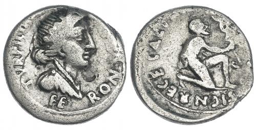 123 - AUGUSTO. Denario. Roma (19 a.C.). A/ Busto de Feronia a der.; ley. interna TVRPILLIANUS III VIR y externa FERON. R/ Parto arrodillado a der. con vexillum; CAESAR AVGVSTVS SIGN RECE. RIC-288. FFC-305. Rayitas y contramarca. BC+. Muy escasa.