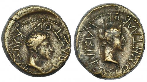 126 - AUGUSTO y RHOEMETALCES I. AE 18. Tracia (11 a.C.-12 d.C.). A/ Cabeza de Rhoemetalces diademada a der.; ley. griega BASILEWS ROIMHTALKOU. R/ Cabeza de Augusto a der.; KAISAROS SEBASTOV. Ae 6,41 g. RPC-1718. COP-1192. MBC/MBC-.