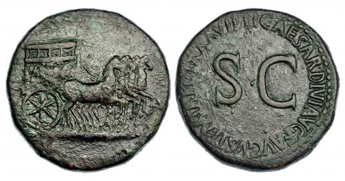 140 - TIBERIO. Sestercio. Roma (35-36). A/ Cuadriga decorada y sin conductor a der. R/ SC rodeada por TI CAESAR DIVI AVG F AVGVST P M TR POT XXXVII. RIC-60. Pátina rojiza. BC+/MBC-. Rara.