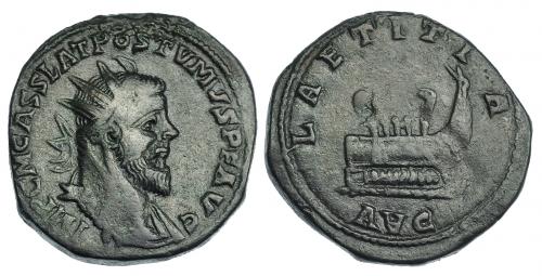 207 - PÓSTUMO. Sestercio. Lugdunum (261-263). R/ Busto radiado y drapeado a der.; IMP C M CASS LAT POSTVMVS P F AVG. R/ Galera a der. con remeros y timonel; LAETITIA / AVG. RIC-143. Pátina oscura. MBC.