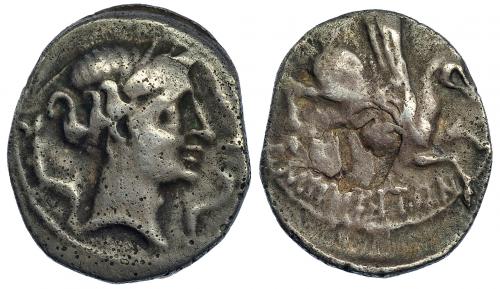 21 - EMPORION. Dracma. A/ Cabeza femenina con tocado vegetal a der. rodeada de tres delfines. R/ Pegaso con cabeza modificada a der.; debajo ley. griega EMPORITON. AR 4,20 g. CNH-36. I-1108. ACIP-224. Rev. algo descentrado. MBC/MBC-. Muy escasa. Ex HSA 12423.
