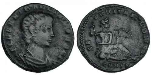 215 - ANIBALIANO. AE-4. Constantinopolis (336-337). R/ Éufrates recostado a der.; SECVRITAS PVBLICA; marca de ceca CONSS. MBC-/MBC. Muy escasa.