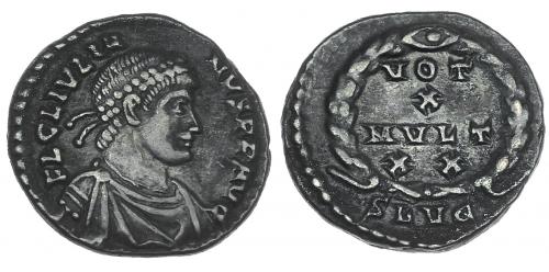 219 - JULIANO II. Silicua. Lugdunum (361-362). R/ Láurea rodeando la ley. VOT / X/ MVLT / XX, exergo SLVG. RIC-233. MBC+/MBC. Ex hallazgo East Harptree.