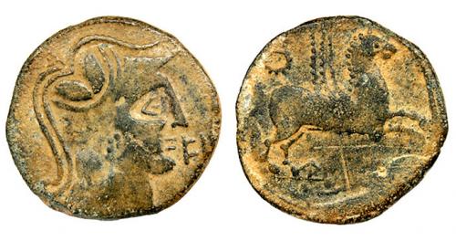 24 - UNTIKESKEN. As. A/ Cabeza de Palas con casco a der., delante signos ibéricos E.Ba. R/ Pegaso a der., encima láurea, debajo ley. ibérica UNTiKeSKeN, poco visible. CNH-68. I-1207 vte. ACIP-1058. Pátina verde claro. MBC-/BC+. Escasa.