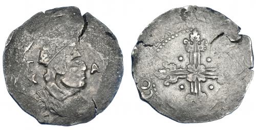 297   -  10 reales. 1643. Cagliari. Visible el trazo superior del 3. Olivares-262. Cospel abierto. Amplios vanos. MBC.