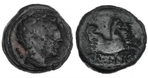 30 - ILTIRKESKEN. Cuadrante. A/ Cabeza masculina con collar a der., detrás 3 glóbulos. R/ Medio Pegaso a der., debajo ley. ibérica ILTiRKeSKeN. CNH-3. I-1451. ACIP-1387. Pátina oscura con erosiones. BC+. Muy rara.