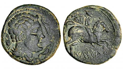 32 - ILTIRTA. As. A/ Cabeza masculina a der. con manto y fíbula rodeda de tres delfines. R/ Jinete con palma a der., debajo ley. ibérica ILTiRTa sobre línea. AE-10,8 g. CNH-22. I-1471. ACIP-1251. Pátina verde. MBC+/MBC.