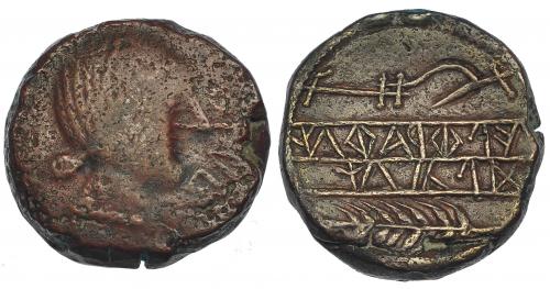 35 - OBULCO. As. A/ Cabeza fememina a der.; delante OBVLCO. R/ Espiga y arado; en medio entre líneas ILTiRATiN/KoLON. AE 21,09 g. CNH-10. I-1801. ACIP-2187. BC+/MBC+.