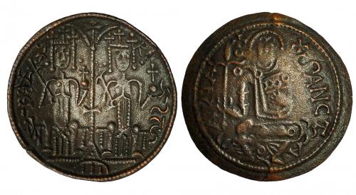 421 - HUNGRÍA. Esteban IV (1162-1163). Bronce. A/ Bela II y Esteban IV sentados. R/ María sentada con el niño. CNH-98. MBC+/MBC.