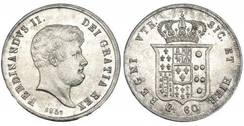 429 - ESTADOS ITALIANOS. REINO DOS SICILIAS. Fernando II. 1/2 piastra o 60 grana. 1857. Nápoles. KM-152c. Rayitas de ajuste. B.O. EBC+.
