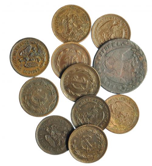 431 - MÉXICO. Lote 12 monedas: 1 centavo (10), 1/4 plata (1) y 1/4 cobre (1). MBC/MBC+.