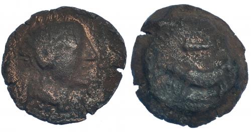44   -  TIPO JABALÍ-CLAVA. As. A/ Cabeza masculina a der. R/ Jabalí a izq., encima clava. AE 12,4 g. CNH-1. I-No. ACIP-2437. BC-. Rara.