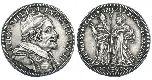 444 - ESTADOS PONTIFICIOS Y VATICANO. Alejandro VIII. Testón. Año II = 1690. Grabador: Hamerani. KM-A523. Pequeñas marcas. MBC+.