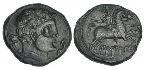 5 - BILBILIS. As. A/ Cabeza masculina a der., delante delfín, detrás signo ibérico S. R/ Jinete con lanza a der.; debajo ley. ibérica BiLBiLIS. AE 14,4 g. CNH-2. I-254. ACIP-1569. Pátina verde. EBC-.