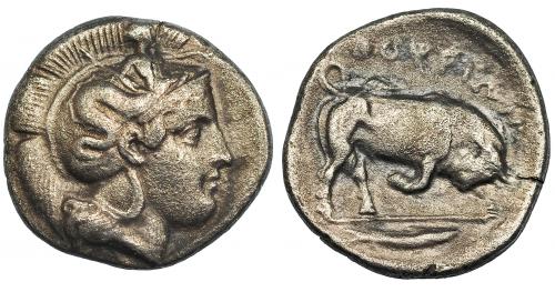 50   -  LUCANIA. Thorium. Didracma (400-350 a.C.). A/ Cabeza de Atenea a der. con casco ático decorado con Escila. R/ Toro embistiendo a der., en exergo pez; encima ley. griega TOURION. Ar 7,11 g. COP-1436. MBC.  