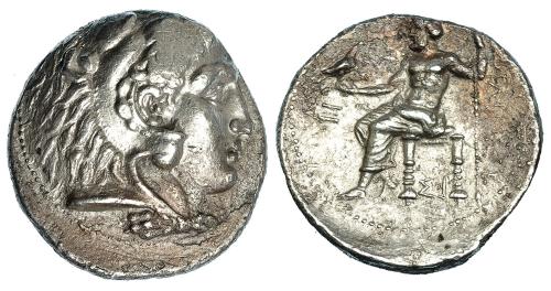 58   -  MACEDONIA. A nombre de Alejandro III. Tetradracma. Sidón (320-319). R/ Delante del trono Z, debajo SI. AR 16,91 g. PRC-No. Pequeñas erosiones. Leve vano en anv. EBC-/MBC+. 