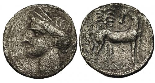 6 - EMISIONES HISPANO-CARTAGINESAS. Shekel. A/ Cabeza de Tanit con tocado de espigas a izq. R/ Caballo parado a der. con cabeza vuelta, delante de palmera. AR 7,03 g. CNH-35. I-498. ACIP-575. Pequeñas erosiones. BC+/MBC-. Muy escasa.