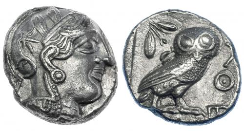 67   -  ÁTICA. Atenas. Tetradracma (454-405 a. C.). A/ Cabeza de Atenea a der. R/ Lechuza dentro de cuadrado incuso, detrás ramas de olivo y creciente, del. AQE. COP-34-37. SBG-2526.EBC/EBC-.