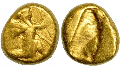76   -  PERSIA. Reyes Aqueménidas (Jerjes II a Artajerjes II). Dárico (420-373). A/ Rey persa o héroe arrodillado a der. con lanza y arco. R/ Punzón incuso. AU 8,36 g. COP-274-277. SBG-4679. BC+. Muy escasa.