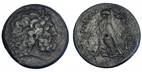 80   -  EGIPTO. Ptolomeo IV? (221-205 a.C.). AE-42. A/ Cabeza de Zeus-Amón a der. R/ Águila sobre haz de rayos a izq., delante cornucopia; entre las patas símbolo o letra poco visible; PTOLOMEOY BASILEOS. Ae 65,55 g. COP-219 ss. SBG-7841 vte. MBC-/BC+.
