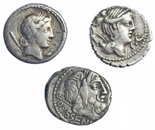 98   -  Lote 3 denarios: familias Claudia, Crepusia y Rubria. Calidad media MBC-.