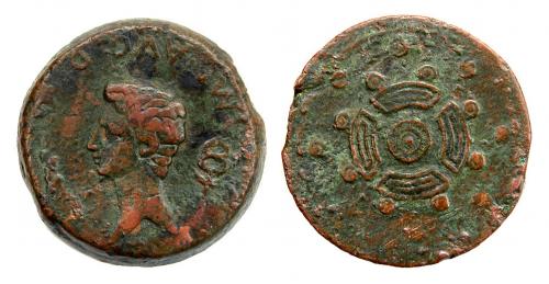 1 - EMISIONES DEL NOROESTE. Sestercio. Augusto. A/ Cabeza a izq., detrás caduceo, delante palma; IMP AVG DIVI F externa. R/ Caetra; alrededor dos orlas de tachones circulares. AE 38,07 g. RPC-1. APRH-1 (mismo ejemplar ilustrado) ACIP-3299 (mismo ejemplar ilustrado) CC-3829 (mismo ejemplar). Pátina verde con tonos rojos. El mejor ejemplar de los dos conocidos. MBC-/MBC. Extraordinariamente rara. La guerra contra cántabros y astures supuso la culminación de la conquista de la Península Ibérica por Roma, en una época tan tardía como la del gobierno de Augusto (29-19 a.C.). El conflicto implicó a nada menos que cinco legiones, que se establecieron en campamentos ubicados al sur de la cordillera cantábrica, como Segisama (Sasamón, Burgos), Pisoraca (Herrera de Pisuerga, Palencia), Legio (León), Asturica Augusta (Astorga, León), etc.Entre el circulante recuperado en estos campamentos se encuentran unas monedas de bronce anónimas que son conocidas normalmente como “del Noroeste” o “de la caetra”. Este último nombre viene por el tipo principal utilizado para los reversos, un escudo redondo, denominado rodela o caetra, que, según cuentan los historiadores romanos, era el utilizado por los pueblos hispanos. La panoplia de estos guerreros se completaba con un tipo de espada de hoja curva conocida como falcata y la lanza. Dentro de estas emisiones se acuñaron tres valores, sestercios, dupondios y ases, siendo el más raro el mayor, el sestercio, del que únicamente se conocen tres ejemplares. En cuanto al lugar de acuñación, se ha propuesto que fuera Emerita (Mérida, por la similitud con las acuñaciones romanas de Publio Carisio) o Lucus Augustus (Lugo, donde aparecieron algunos posibles cospeles), aunque es muy posible que nos encontremos ante una o varias cecas móviles que se desplazaban con el ejército.