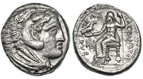 260 - MACEDONIA. ALEJANDRO III. Tetradracma. Anfípolis (c. 325-320 a.C.). R/ Delante del trono monograma. AR 16,39 g. PRC-120. Leves concreciones. MBC/MBC+.