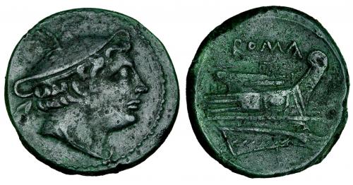 273 - Semiuncia. Roma. A/ Cabeza de Mercurio con pétaso alado a der. R/ ROMA sobre proa a der. AE 6,00 g. CRAW-38.7. Bonita pátina verde. MBC.