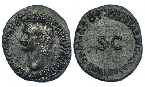 314 - GERMÁNICO (acuñado bajo Calígula). As. Roma (37-38). A/ Cabeza de Germánico a izq. R/ SC, alrededor C CAESAR AVG GERMANICVS PON M TR POT. RIC-35. Pequeñas erosiones. MBC.