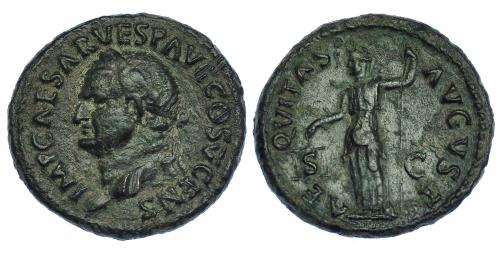 329 - VESPASIANO. As. Roma (74 d.C.). R/ Aequitas; AEQVITAS AVGVST, S-C. RIC-557b. Pequeñas marcas. Pátina verde oscuro. MBC.