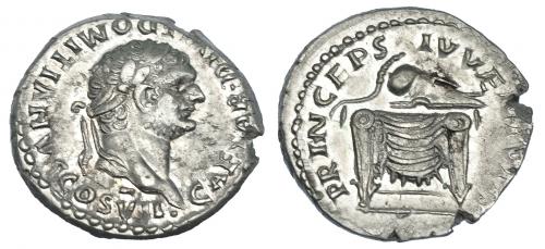 332   -  DOMICIANO. Denario. Roma (c. 80 d.C., bajo Tito). R/ Casco sobre trono; PRINCEPS IVVENTVTIS. RIC-51. Cospel abierto. EBC-/EBC.