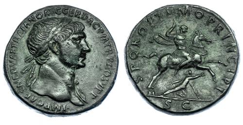339 - TRAJANO. Sestercio. Roma (103-111 d.C.). A/ Cabeza laureada a der. drapeada sobre el hombro izq.; IMP CAES NERVAE TRAIANO AVG GER DAC P M TR P COS V P P. R/ El emperador cabalgando a der. sobre guerrero dacio; SPQR OPTIMO PRINCIPI, SC. RIC-543. Pátina verde. MBC+.